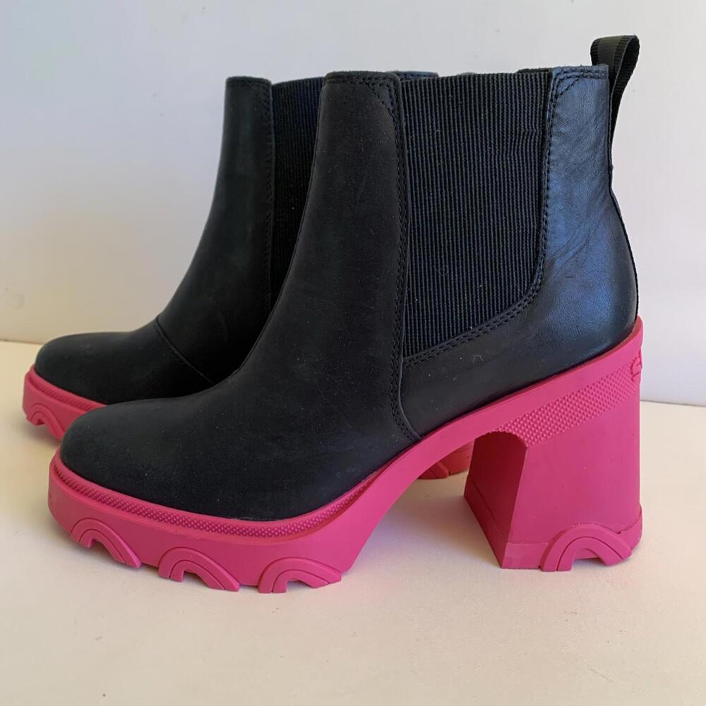 Sorel Women's Black Pink Brex Chelsea Ankle Bootie Boots US SZ 9 Chunky Platform - Picture 4 of 12